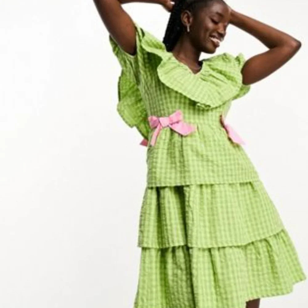 Nwot Neon Rose Green & Pink Contrast Bow Ruffle Gingham Mini Dress In Size Xl